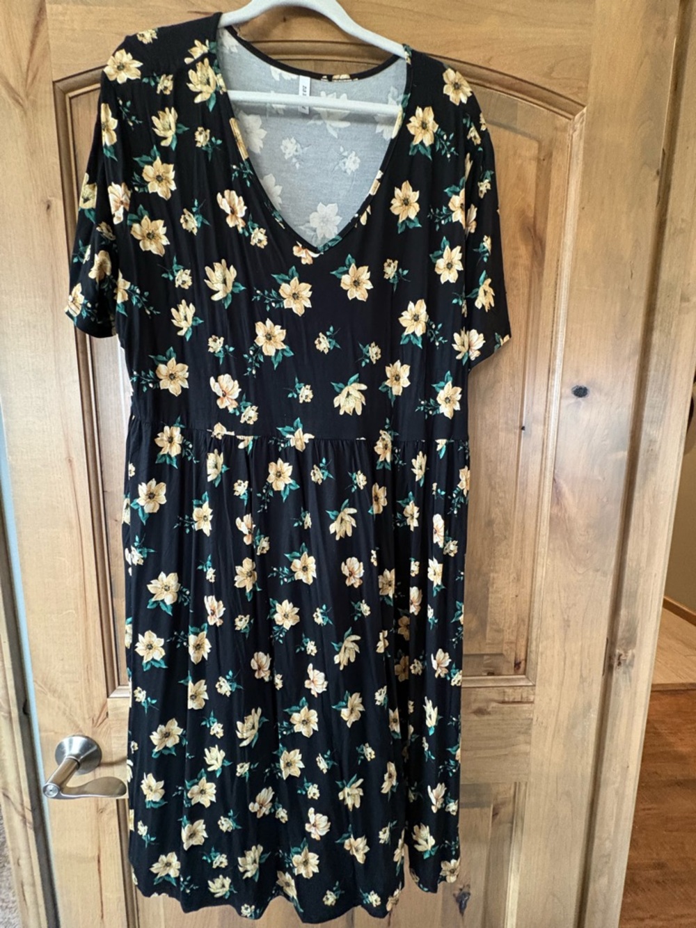 Black Floral V-Neck Midi Dress with Yellow Blossom Print Plus size